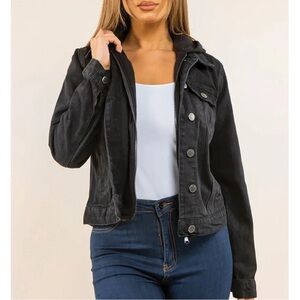 Ci Sono Women's Denim Jacket with Zip-Up Hoodie Layer - Black Small